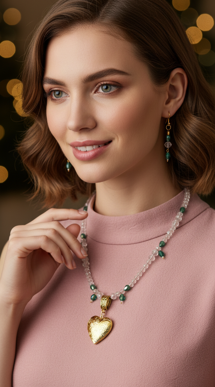 Woman wearing a gold heart pendant necklace with green gemstones against a blurred background