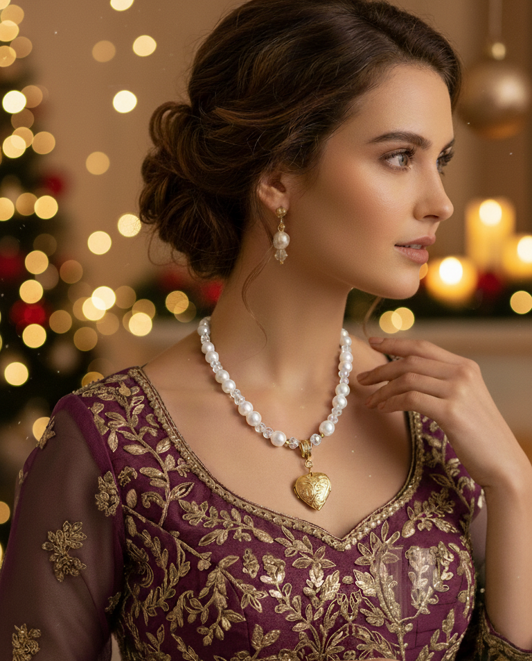 Woman in a purple and gold traditional outfit with jewelry against a festive background