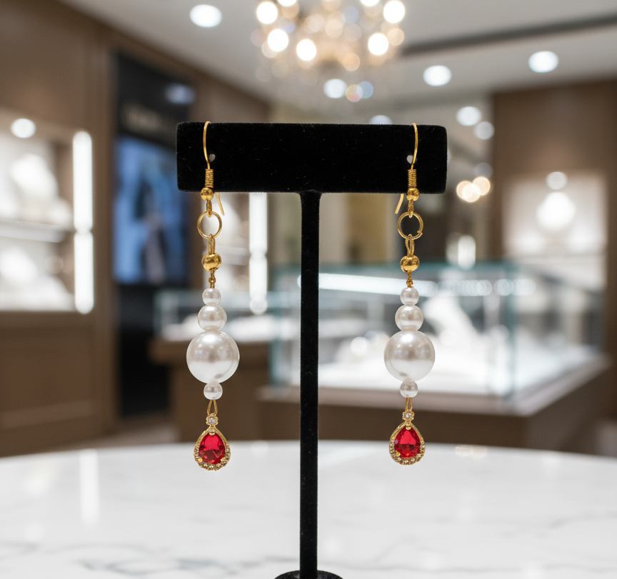 Ruby Red Teardrop Crystal & Pearl Long Drop Earrings – Gold-Tone