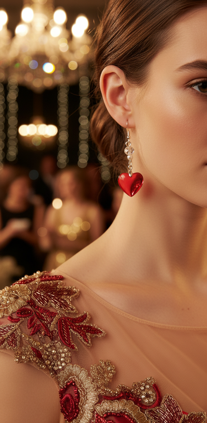 Red Heart Crystal & Bead Drop Earrings – Silver-Tone