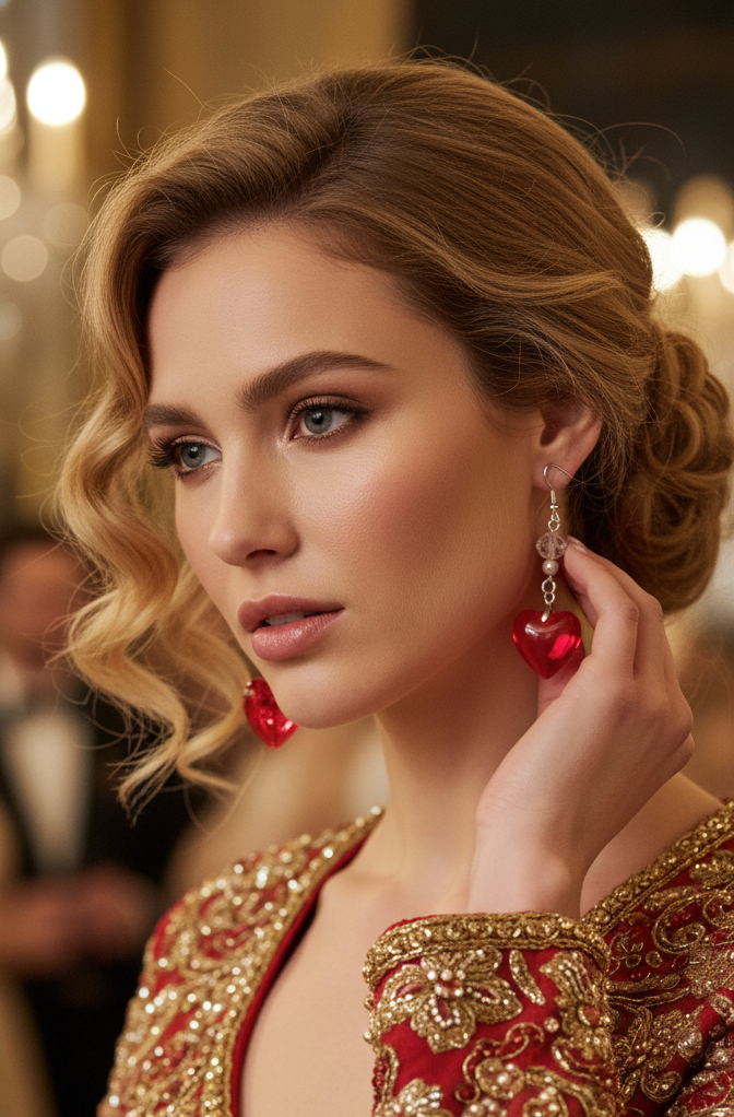Woman wearing red and gold jewelry with a blurred background
