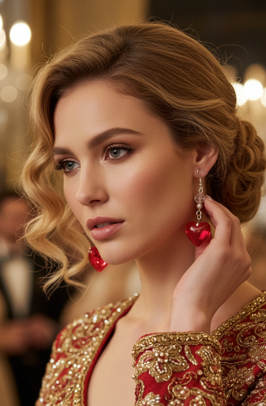 Woman wearing red and gold jewelry with a blurred background