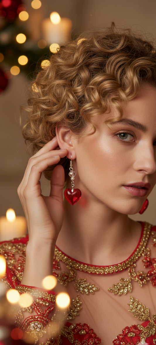 Woman wearing red heart-shaped earrings with a blurred festive background