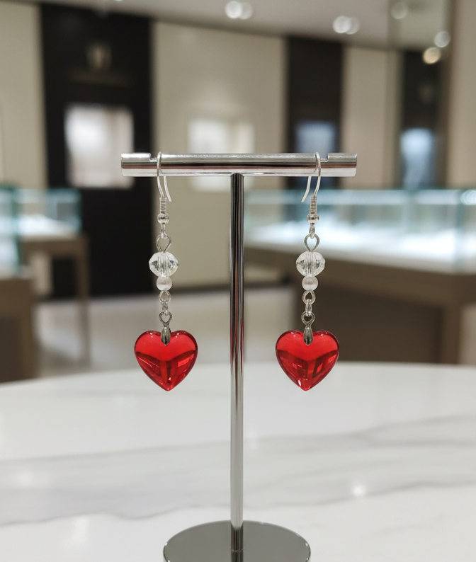 Heart-shaped earrings on a stand with a blurred indoor background