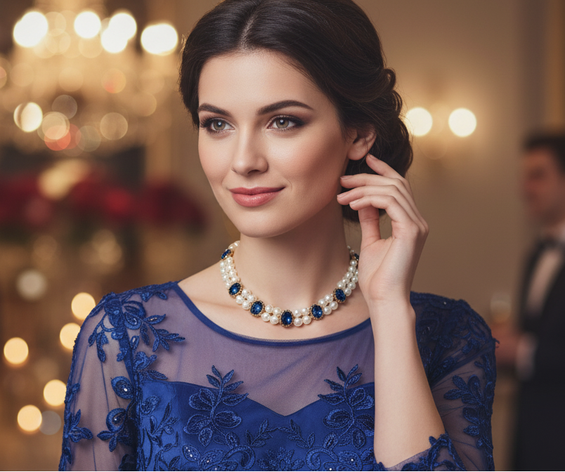 Royal Blue Oval Stone & Double Pearl Strand Choker Necklace – Gold-Tone Finish