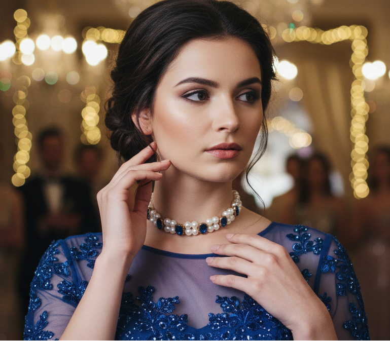 Royal Blue Oval Stone & Double Pearl Strand Choker Necklace – Gold-Tone Finish