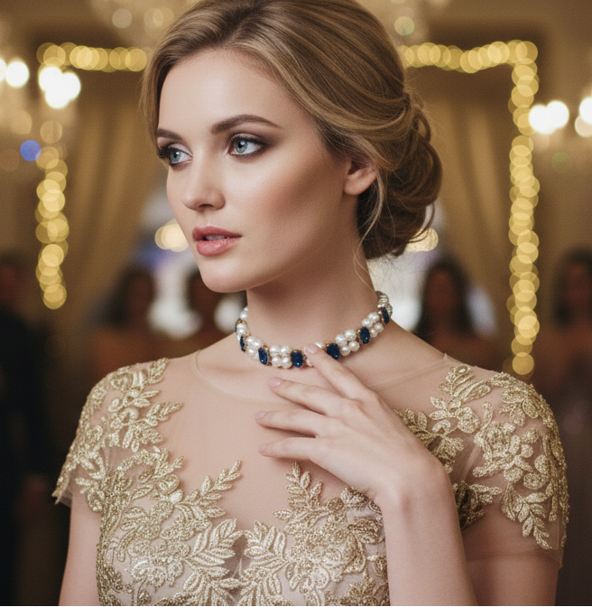 Royal Blue Oval Stone & Double Pearl Strand Choker Necklace – Gold-Tone Finish