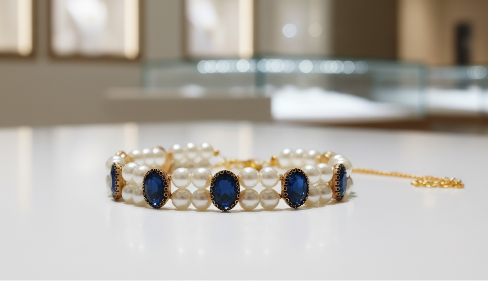 Royal Blue Oval Stone & Double Pearl Strand Choker Necklace – Gold-Tone Finish