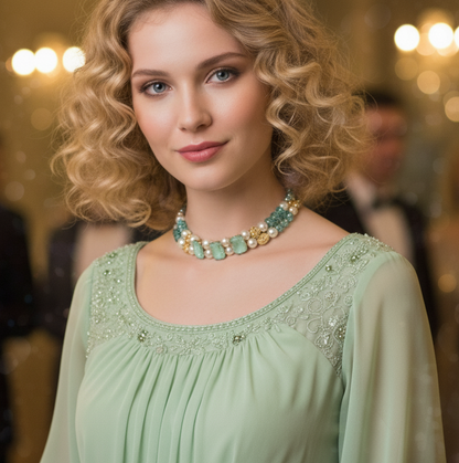 Woman in a light green dress with a necklace in a formal setting