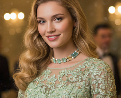 Woman in a green evening gown with a blurred formal event background