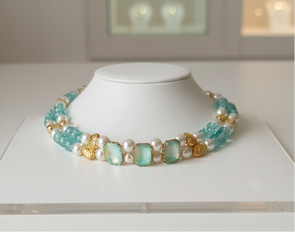 Multicolored beaded necklace on a white stand with a blurred background