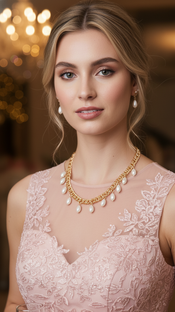 Woman in a pink lace dress holding a glass, wearing a gold necklace with a blurred background