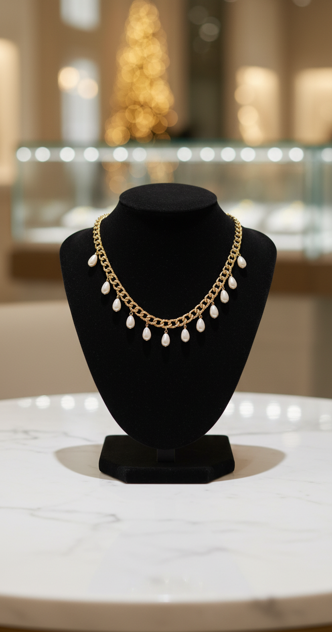 Gold necklace on a black mannequin bust with a blurred background