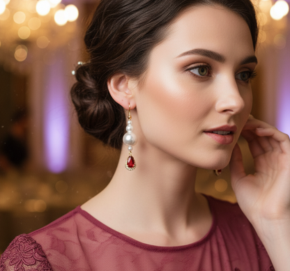 Ruby Red Teardrop Crystal & Pearl Long Drop Earrings – Gold-Tone