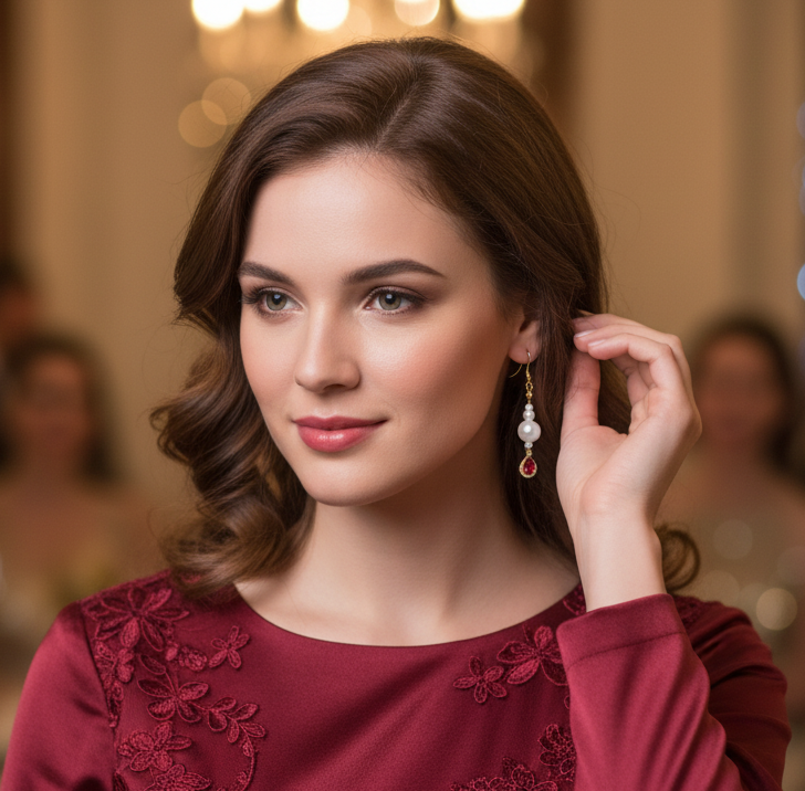 Woman in a red dress adjusting her earring in a festive indoor setting