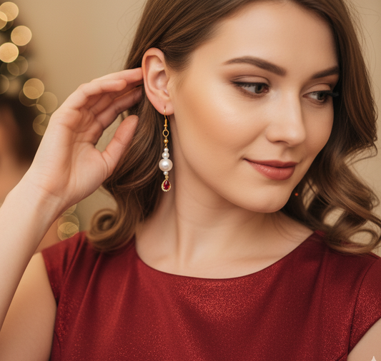 Ruby Red Teardrop Crystal & Pearl Long Drop Earrings – Gold-Tone