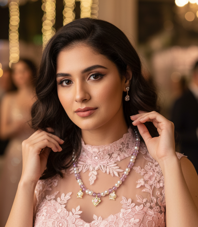 Woman wearing a pink lace dress with jewelry in an elegant indoor setting