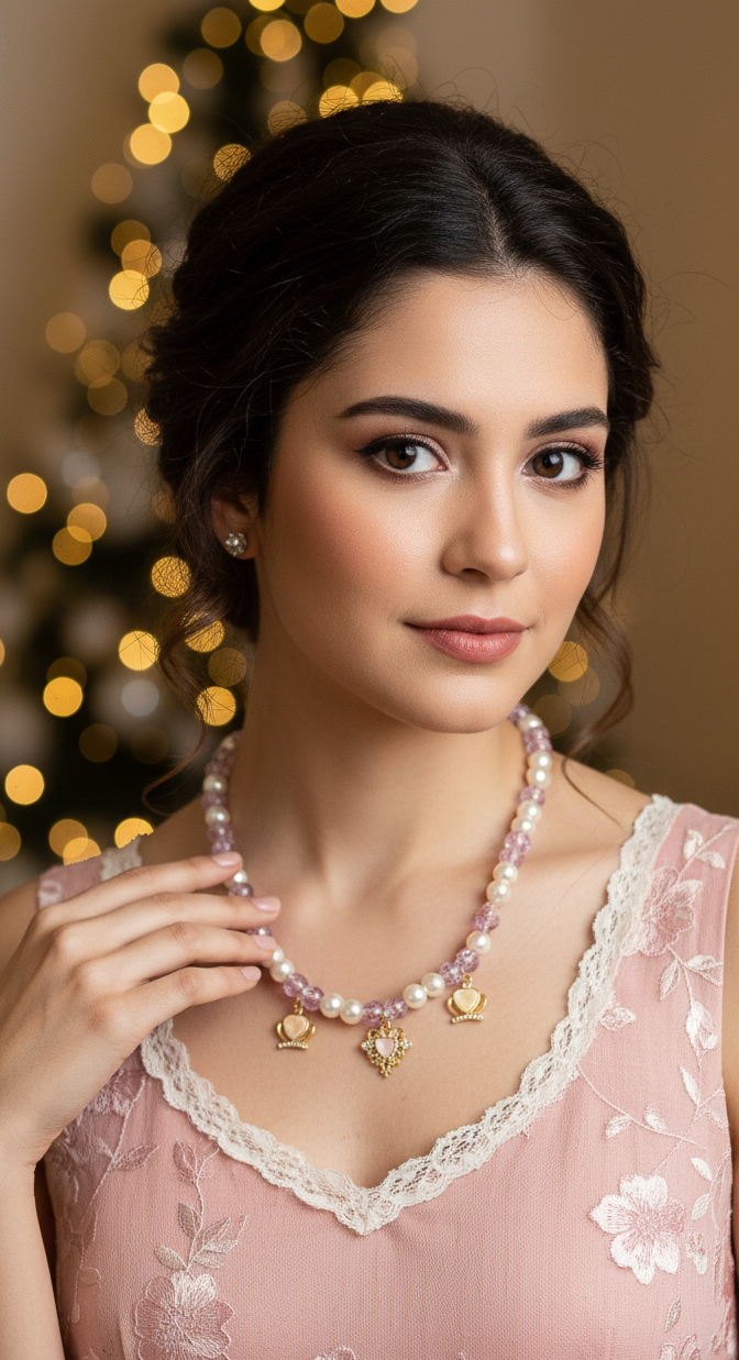 Woman wearing a pink dress and necklace with a blurred Christmas tree in the background