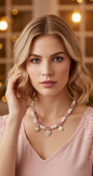 Woman wearing a pearl necklace with heart pendants in a softly blurred indoor setting