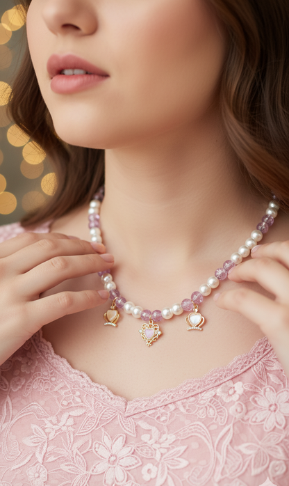 Pearl necklace with heart charms worn by a person in a pink lace top against a blurred background
