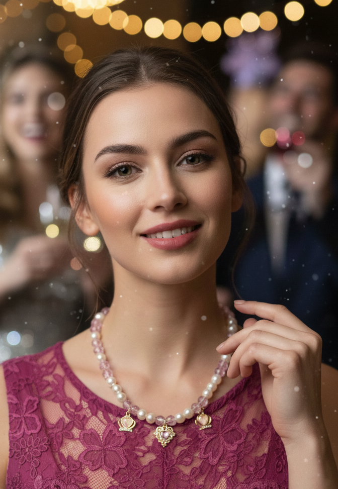 Woman wearing a pearl necklace with a blurred background of lights