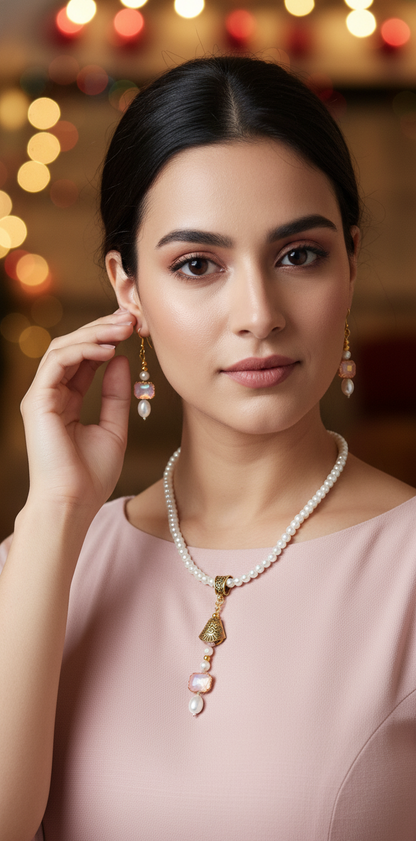 Pink Opal Crystal Pendant Pearl Necklace Set with Matching Earrings – Gold Tone