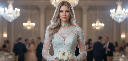 Seafoam Blue- Green Crystal, Pearl & Gold Tone Heart Choker Necklace – Double Strand