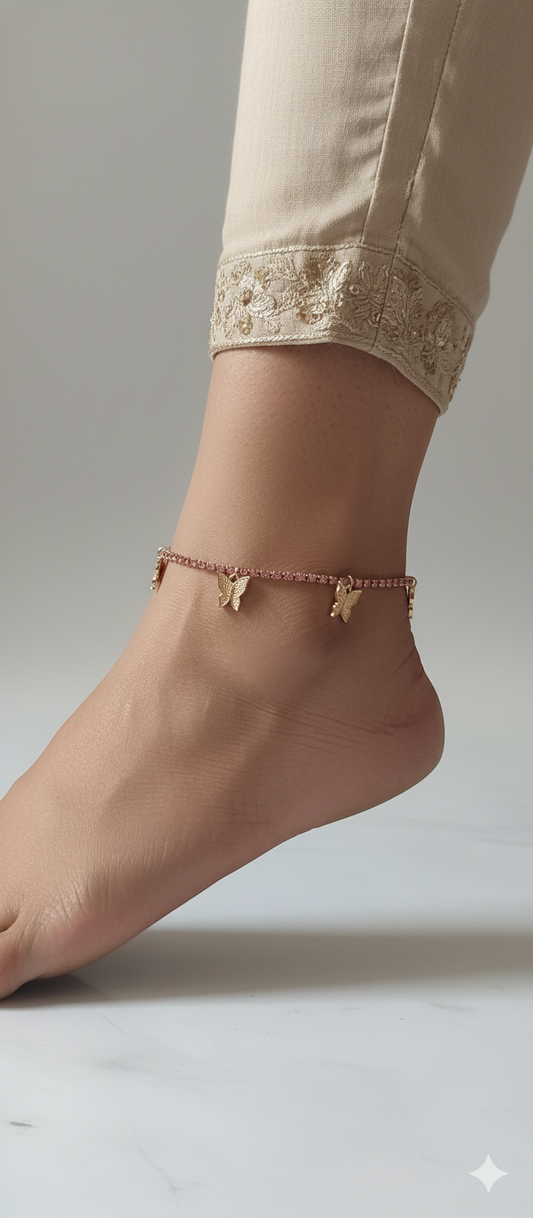 Pink Stones And Gold Butterfly Anklets – Elegant Gold Charm Pair