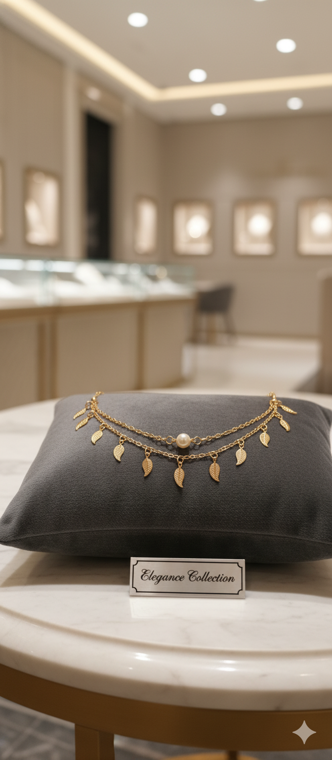 Reddish Gold Leaf Charm Anklet Pair with Pearl Accent – Double Chain Design