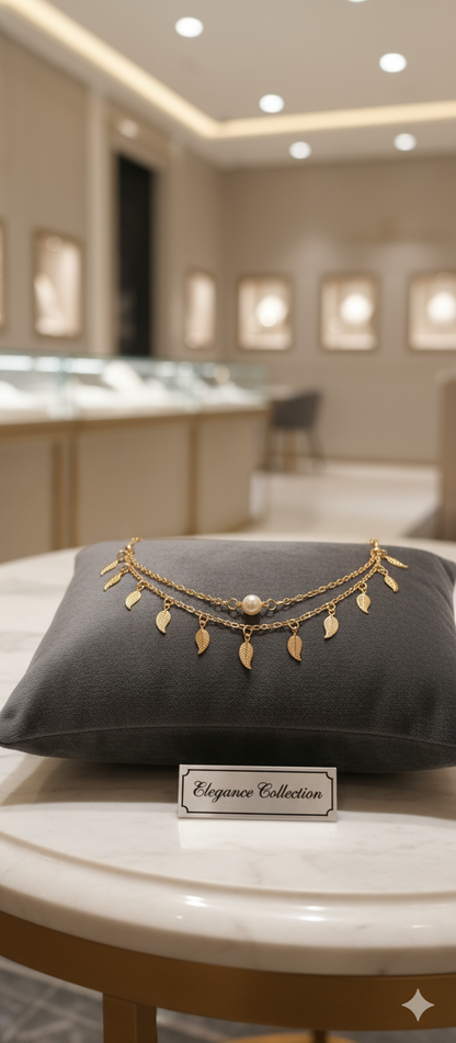 Reddish Gold Leaf Charm Anklet Pair with Pearl Accent – Double Chain Design