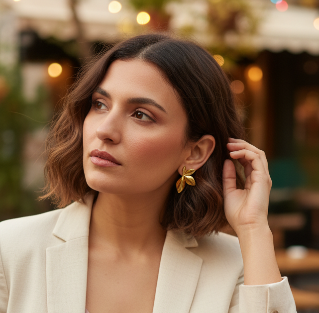 Woman adjusting her hair in an outdoor setting with blurred background