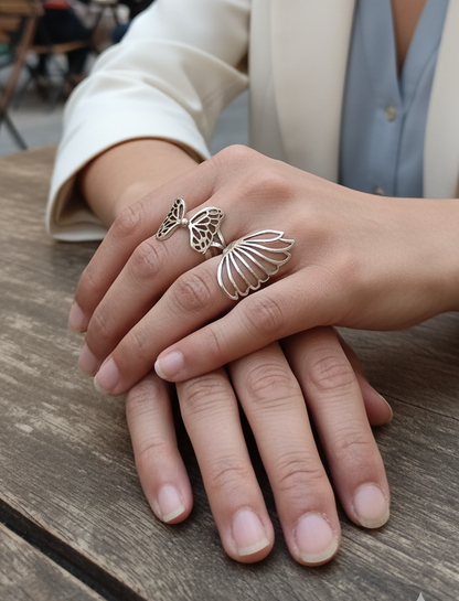 Wings of Grace Ring Set – Butterfly & Angel Wing Adjustable Silver-Tone