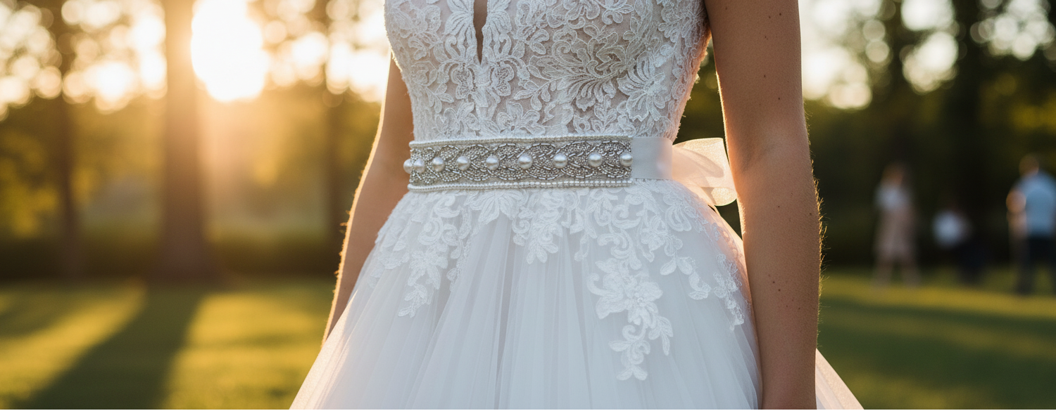 White lace wedding dress with a blurred background of greenery and sunlight.