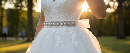 White lace wedding dress with a beaded waistband in a park setting with sunlight filtering through.