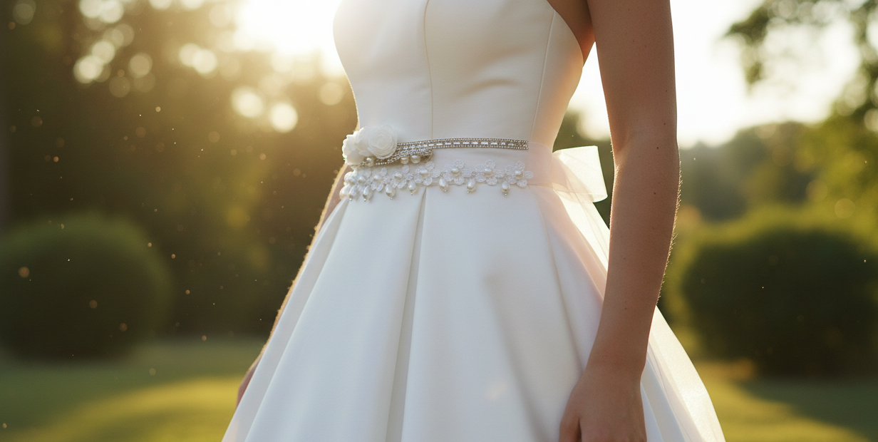 White wedding dress with a beaded belt in a sunlit garden setting