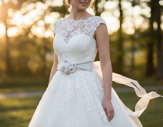 White lace wedding dress with a belt in a park setting