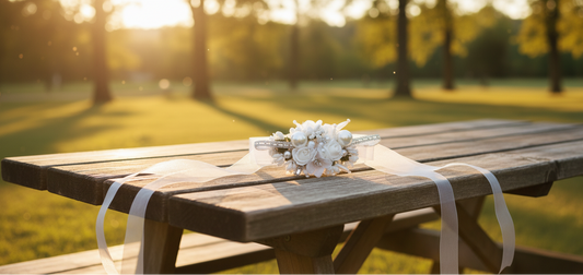 Wooden bench with a white floral arrangement and ribbon in a park setting