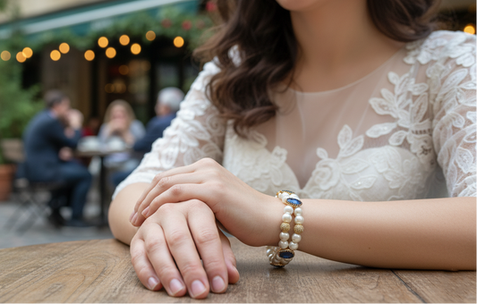 Woman in a white lace dress sitting at an outdoor cafe table with blurred background