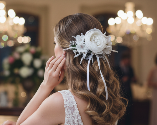 Bride adjusting a floral hairpiece in a formal setting
