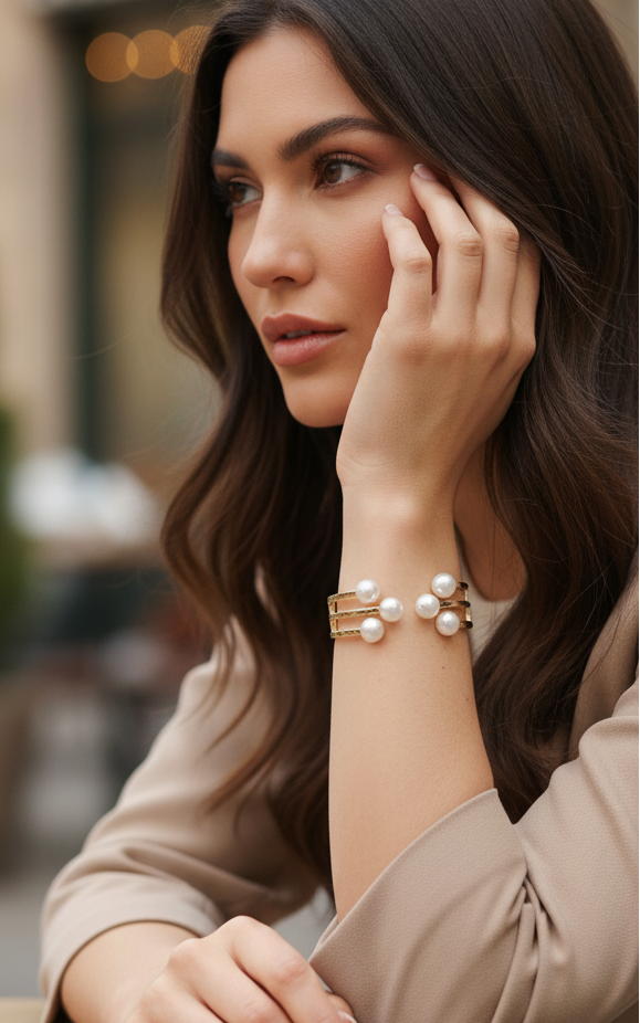 Woman sitting at an outdoor cafe table, wearing a pearl bracelet.