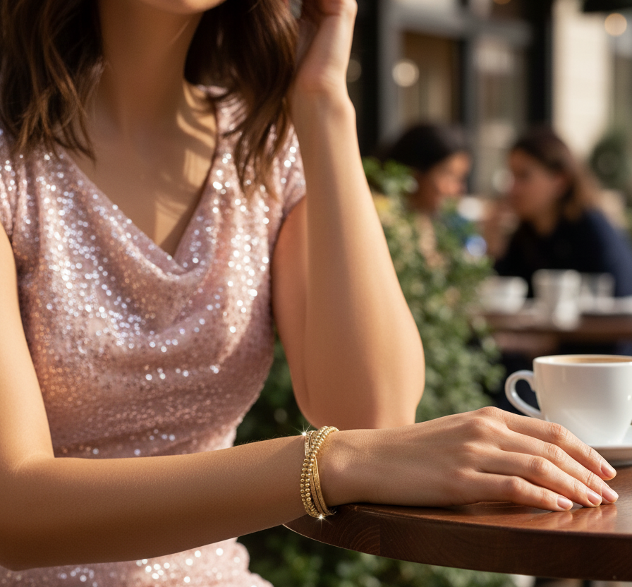 Woman in a sparkly dress sitting at an outdoor cafe table with a blurred background