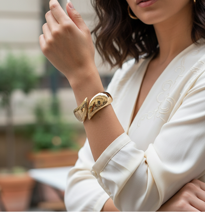 Woman wearing a gold bracelet in an outdoor setting