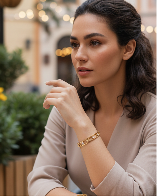 Butterfly Motif Gold-Plated Open Bangle Bracelet – Elegant Crystal Accents