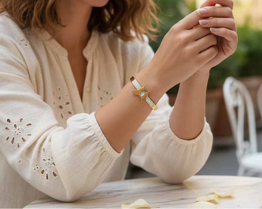 Butterfly Accent Gold-Plated Crystal Bangle Bracelet