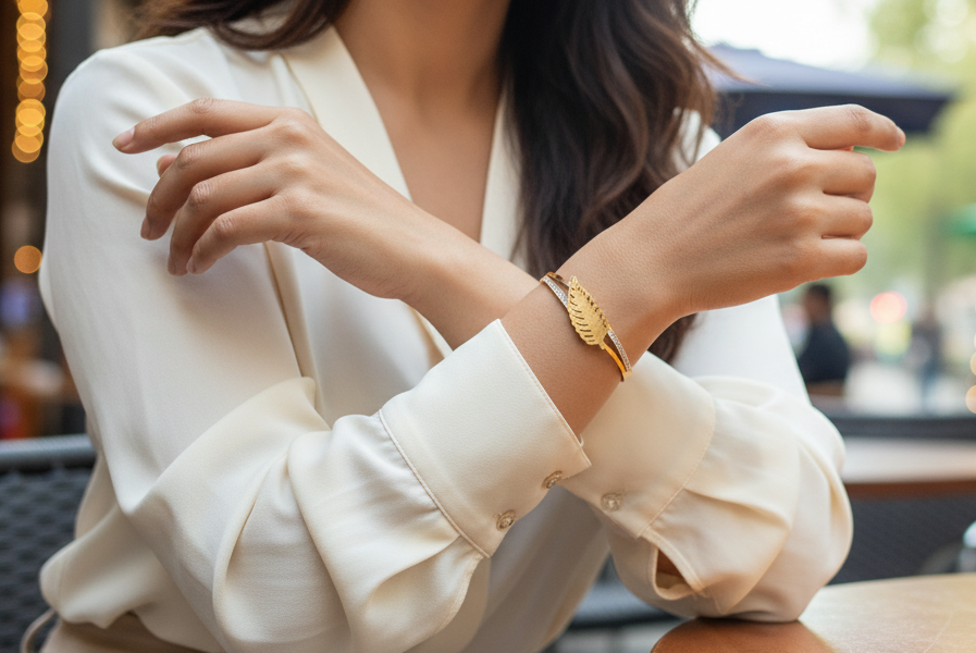 Person wearing a white blouse and beige pants in an outdoor setting with blurred background