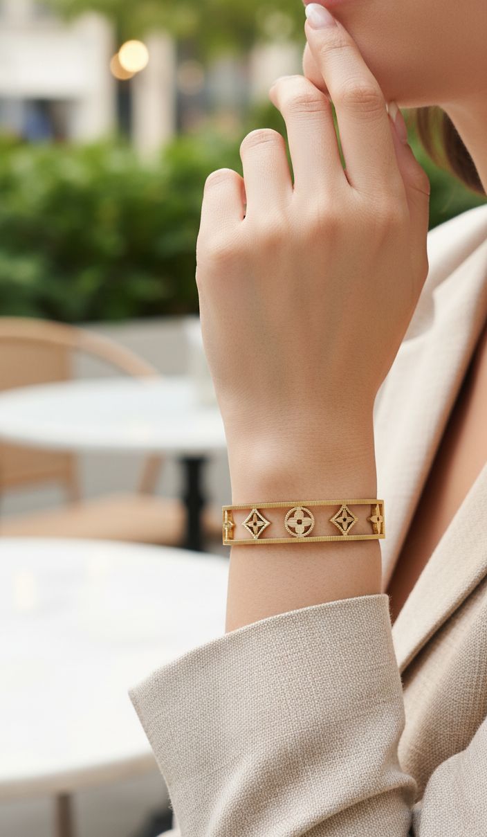 Signature Motif Gold-Plated Designer Bangle Bracelet