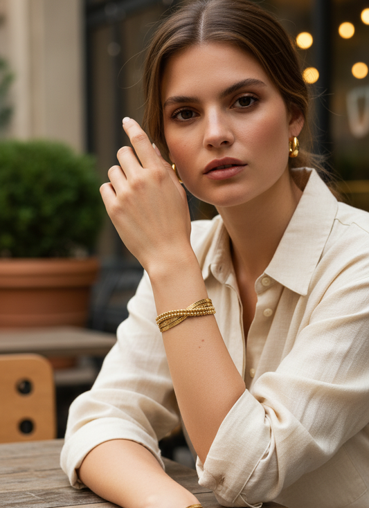 Dual Texture With Rotating Beads Gold-Plated Bangle Bracelet