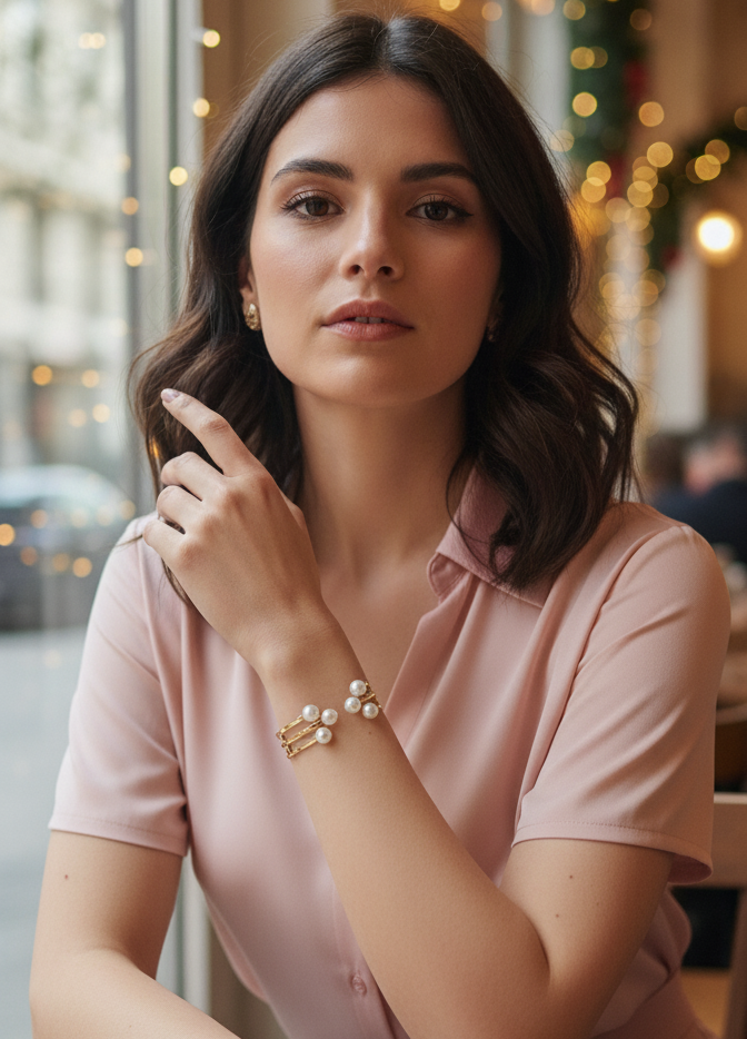Woman in a pink dress sitting at a table with festive decorations in the background