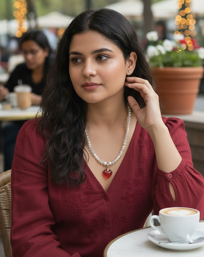 Elegant Pearl & Crystal Heart Necklace – Red Charm Pendant