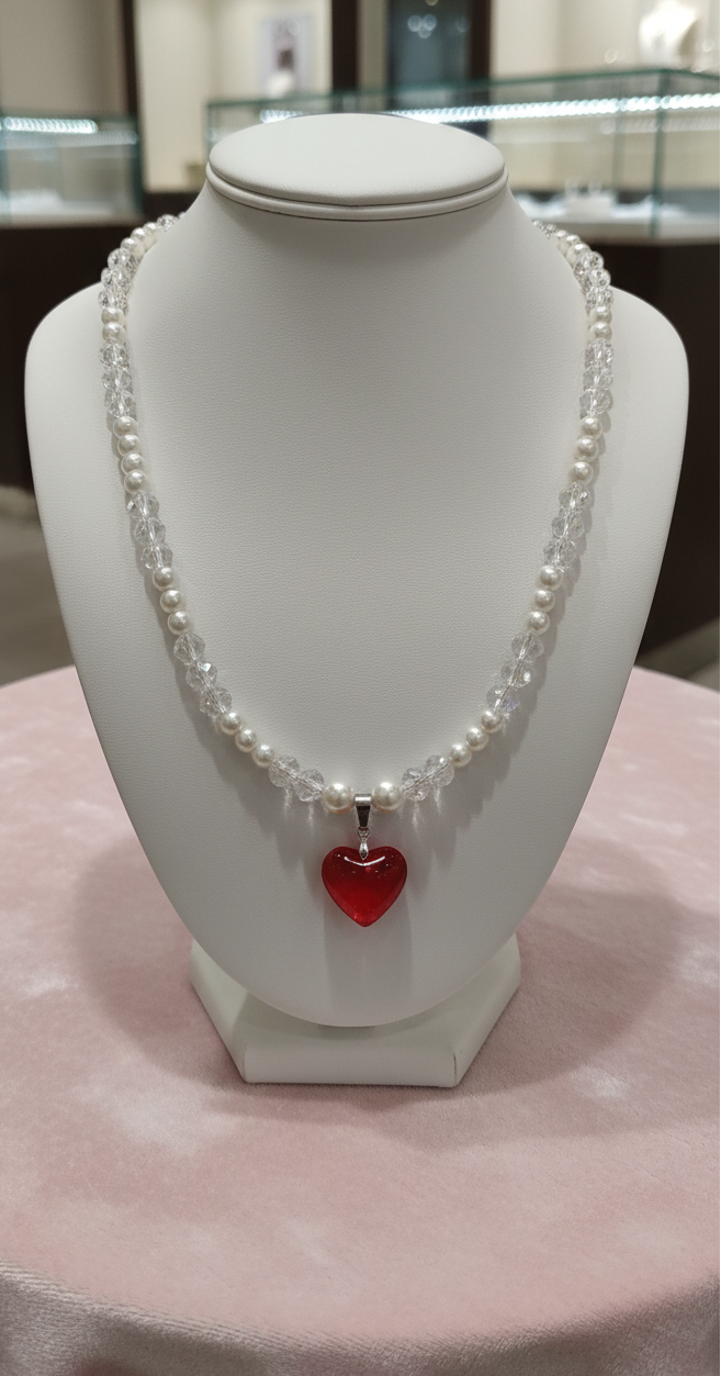 Pearl necklace with a red heart pendant on a white stand in a store setting.